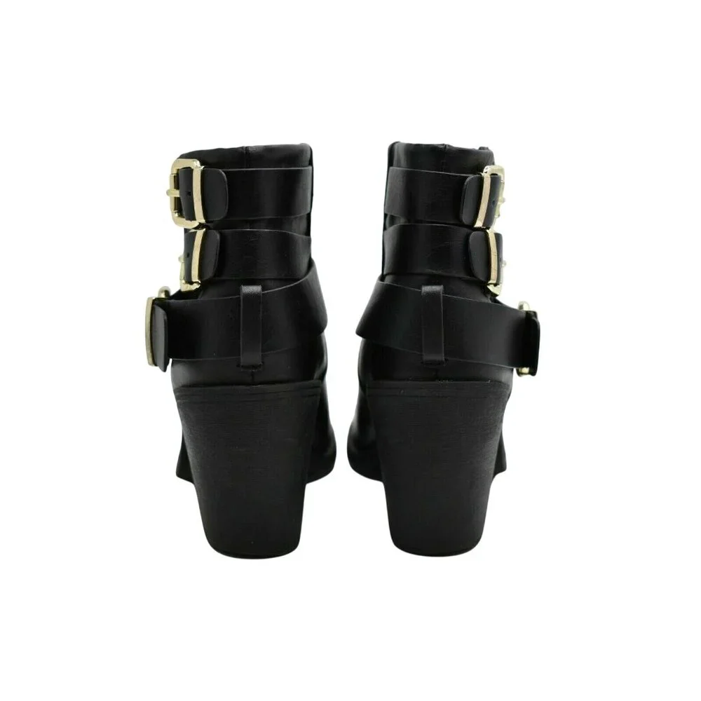 Divided Black Faux‎ Leather Ankle Booties Womens 7 M Triple Buckle Heeled Boots